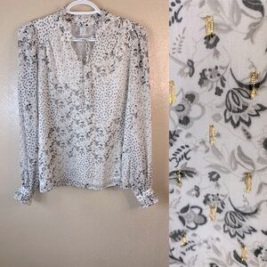 Joie Cottagecore Fairy Floral Metallic Tie Neck Sheer Blouse Size XS